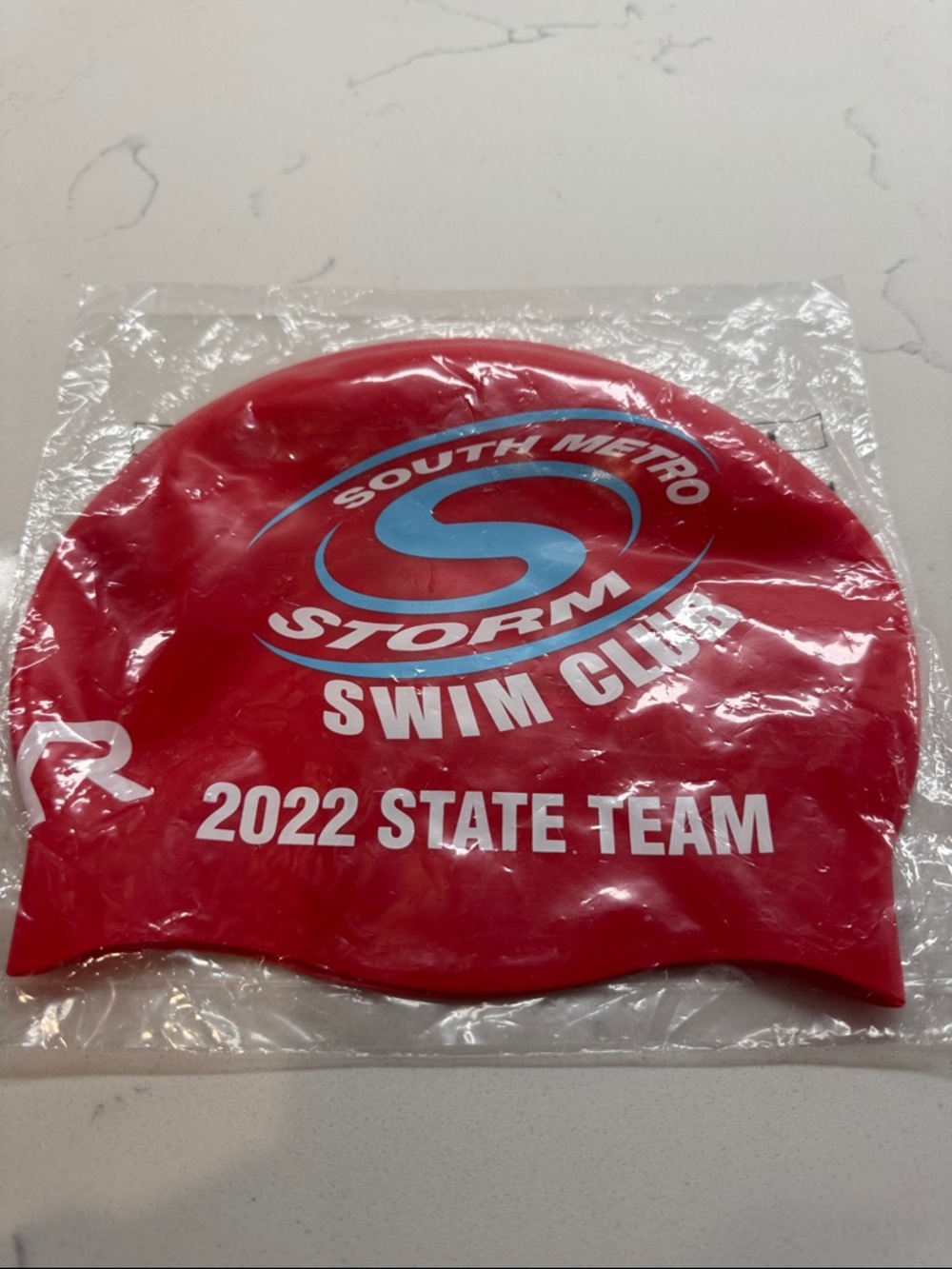 TYR Red Swim Cap with Blue and White Logo